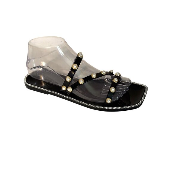 Steve Madden Black Pearl Embellished Flat Sandals With Rhinestone Trim Size 8 - Picture 1 of 11